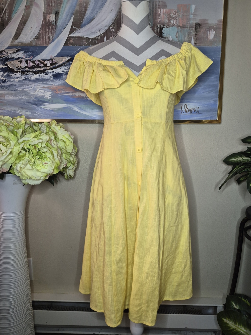 Forever 21 Yellow Off-Shoulder Ruffle Button-Front Midi Dress